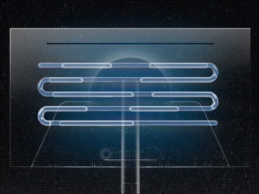 The back of the Odyssey G8 is shown in a video, turning red to indicate heat. A x-ray view shows coils inside of the monitor evaporating and condensing a cooling liquid. The red turn to blue, indicating a cooler temperature.