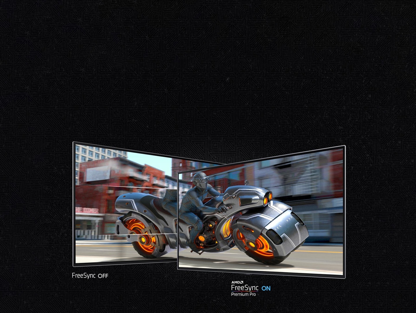 A screen shows a man riding a futuristic motorcycle and it is divided into two sections. The left section, labled "FreeSync OFF" shows the screen stuttering. The right side, labled "AMD FreeSync Premium Pro ON" is clear.