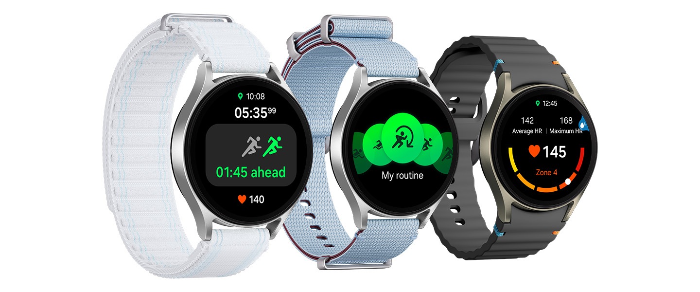 Three Galaxy Watch7 devices with different bands are lined up each displaying different features: Race with a text '01:45 ahead', exercise list and Personalized HR Zone with a Water Lock mode button.