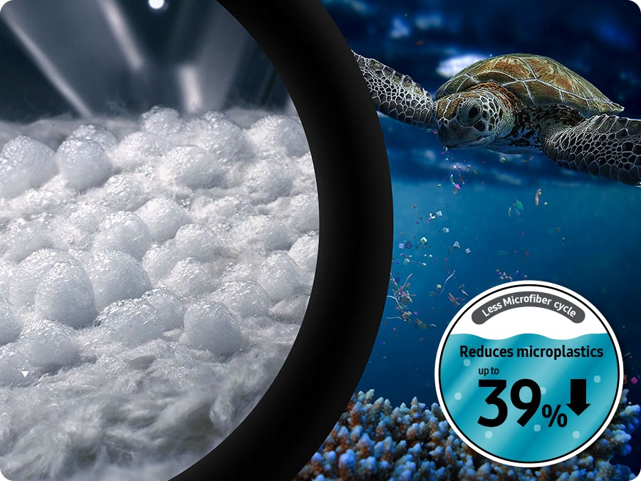 A closeup of bubbles on fabric. Next to it is a sea tutle swimming above coral surrounded by microplastics. Less Microfiber cycle reduces microplastics emissions by 39%.