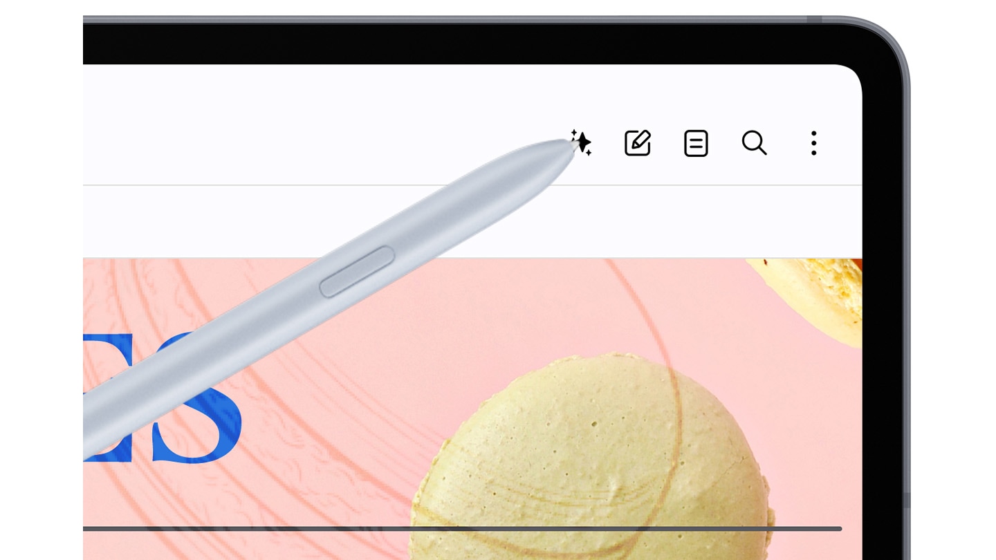 An S Pen selects the Galaxy AI icon at the top right corner of the page.