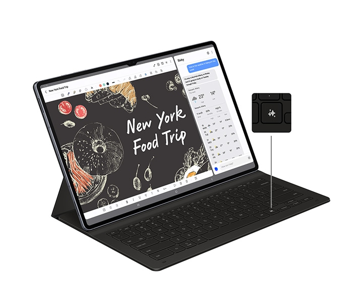 A Galaxy Tab S10 Series device with a Book Cover Keyboard attached is angled slightly to the right, displaying Note Assist app on the screen. The screen in split to show a conversation with Bixby on one side. A close-up highlights the AI Key on the keyboard, showing its location.