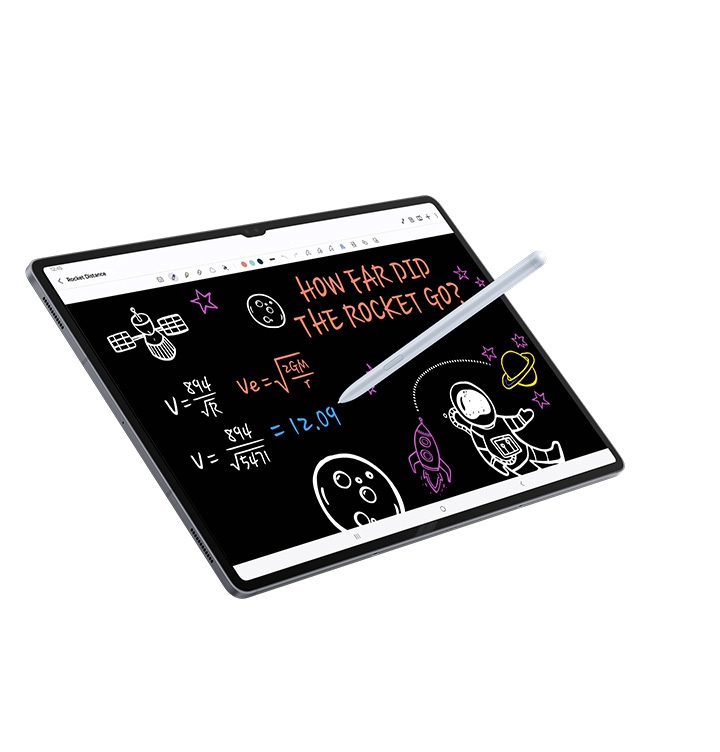 Galaxy Tab S10 Series device screen with Note Assist open shows drawings representing the space, including an astronaut, a satellite and planets along with some writing. An S Pen is writing on the screen.