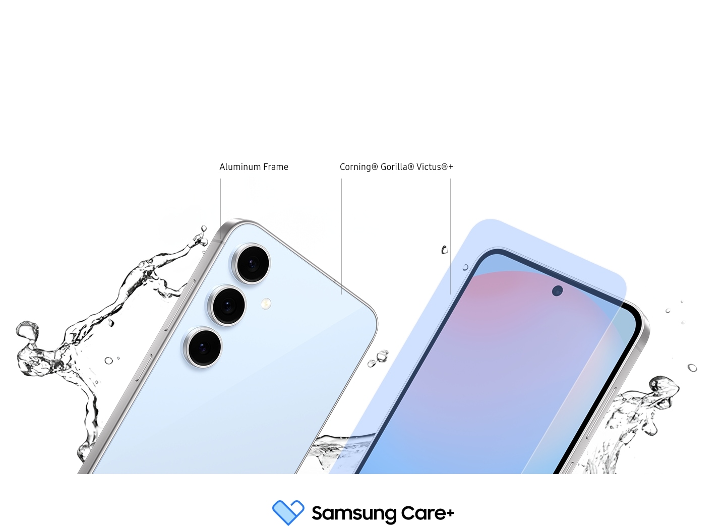 Two Galaxy S24 FE devices are shown next to each other. One is angled to show its rear and side labeled ALUMINUM FRAME. The other shows its front with a hovering display film labeled Corning® Gorilla® Glass Victus®+. Splashes of water are surrounding the two devices. Samsung Care+ logo.