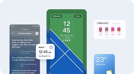 A smartphone seen from the front with the setting on the lock screen being changed. Live translate, an alarm, a weather widget and a color palette options.