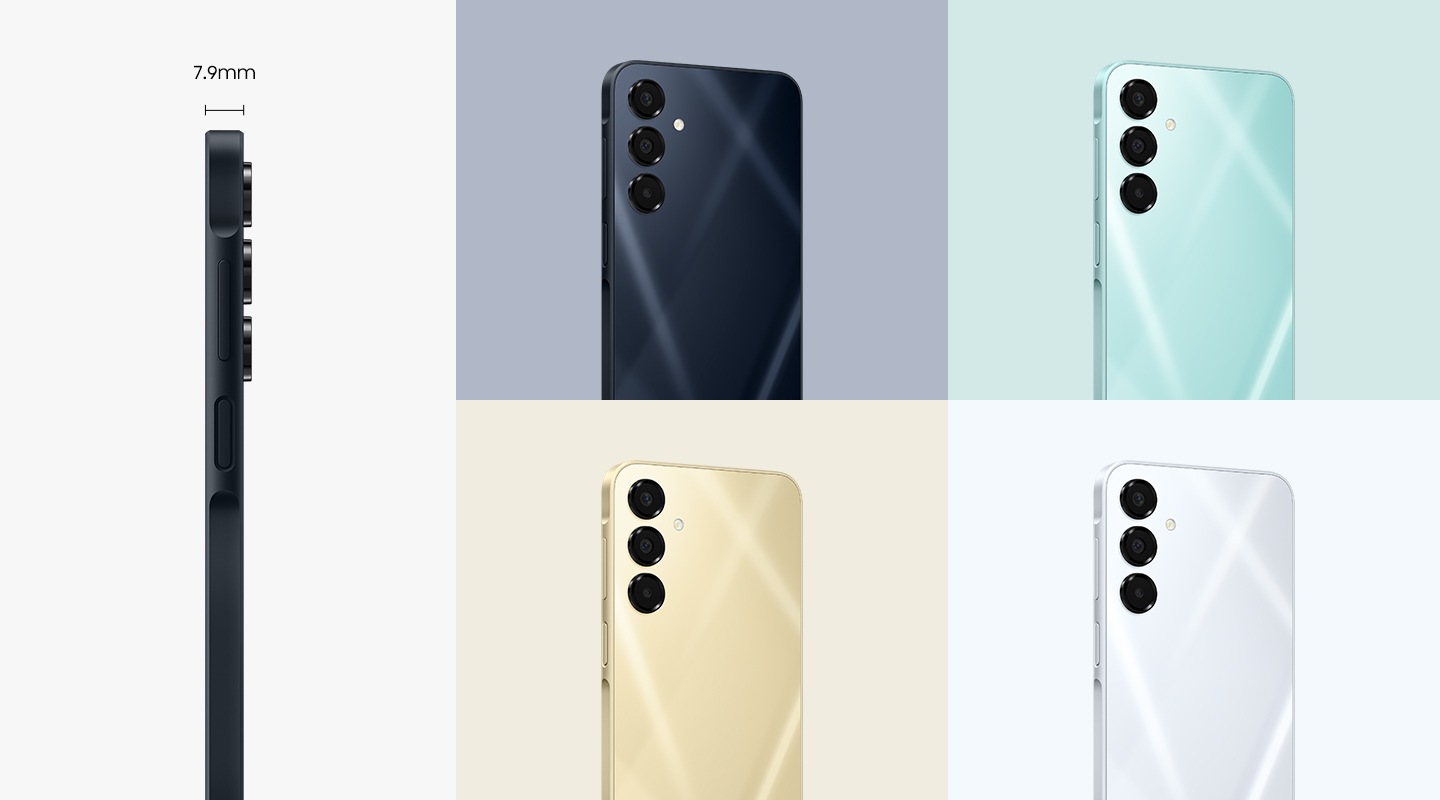 Five Galaxy A16 5G devices are shown. One is facing sideways with a caption reading 7.9mm, highlighting its slim profile. The other four in Blue Black, Light Green, Gold, and Light Gray are viewed from the back.