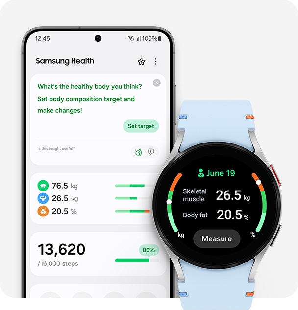 A silver Galaxy Watch FE is with a sky-blue stitch band is seen from the front. The watch face displays the time and the user's body composition results. At the center-bottom of the screen, there is a ‘Measure’ button. To the left of the Galaxy Watch, there is a Galaxy S24 displaying the interfaces of Samsung Health, including body composition results, target setting, total steps, and various supported exercise programs.