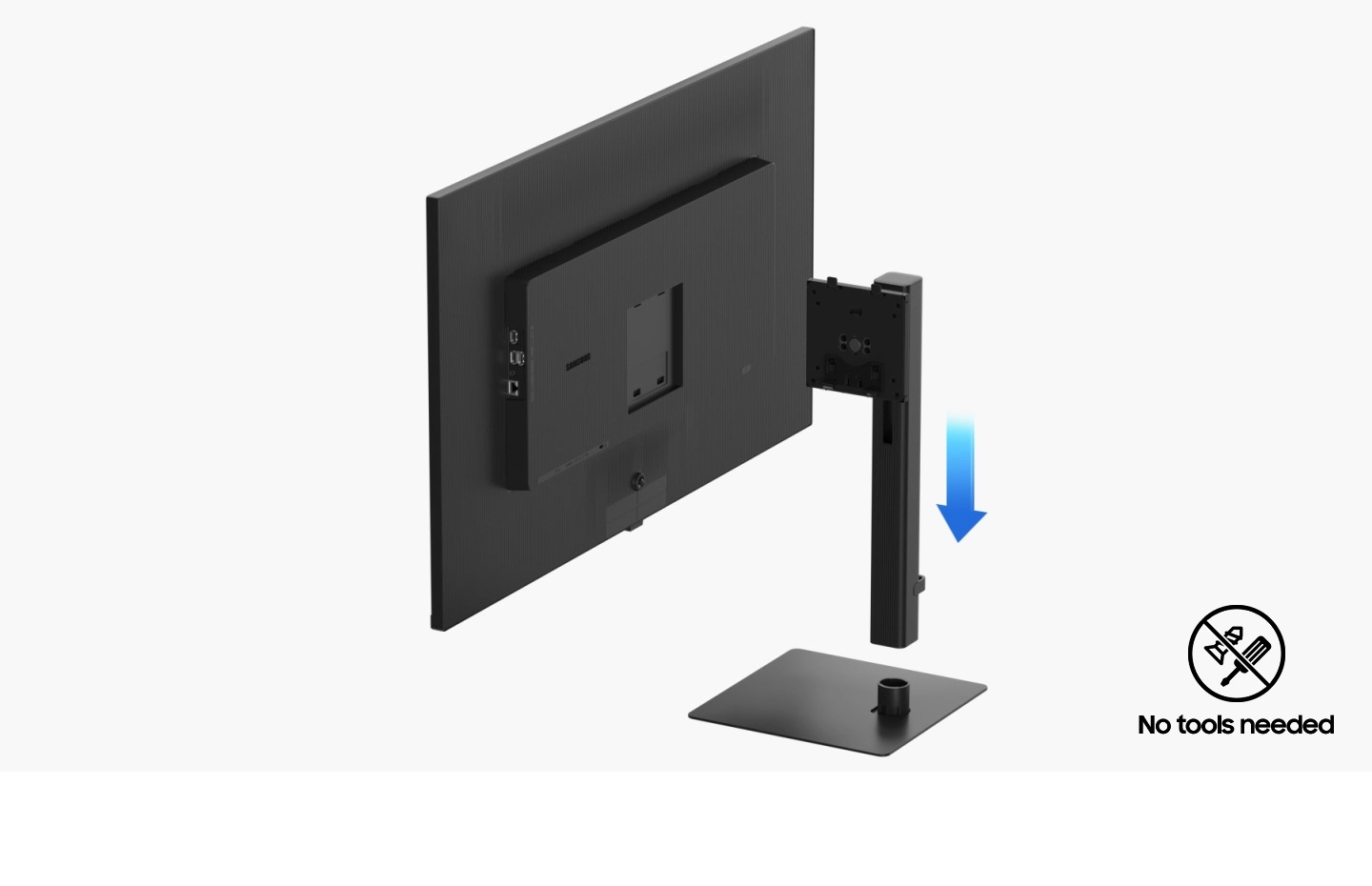 The neck stand is inserted down to the bottom stand. And the neck stand turns to the monitor's rear side and it is finally attached to the rear of the monitor. “Easy Setup!’ message is shown. And the next of the monitor “No tools needed” icon included.