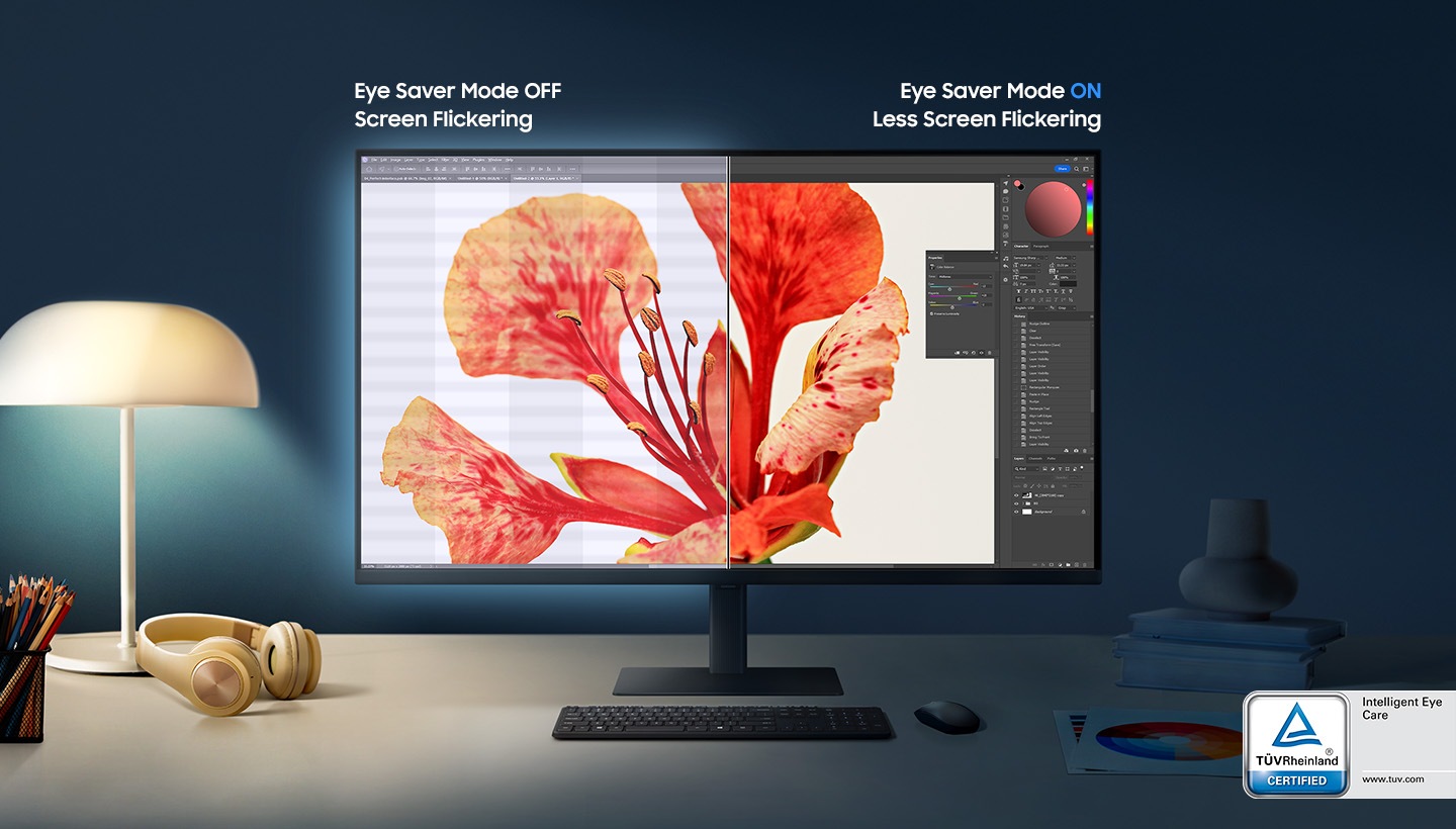 2) A monitor screen is divided, and the Eye Saver Mode is off on the left screen with some flickering screen. And on the right side screen, the mode is on and it has less screen flickering. TUV Rheinland logo with Intelligent Eye Care certified is included on the right bottom of the monitor. The logo shows the site address, www.tuv.com