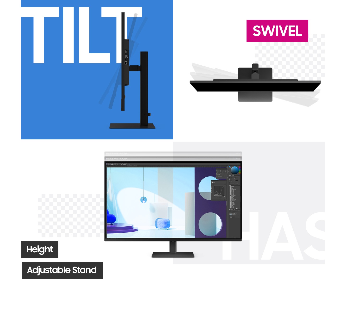 In the top left of a grid, the monitor is shown from the side, with the text "TILT" next to it. The monitor head is shown tilting. The top right of the grid shows the monitor from the top down with the word "Swivel" next to it. The monitor is shown swiveling. The bottom left of the grid shows the front of the monitor on its stand, reading "Height Adjustable Stand."