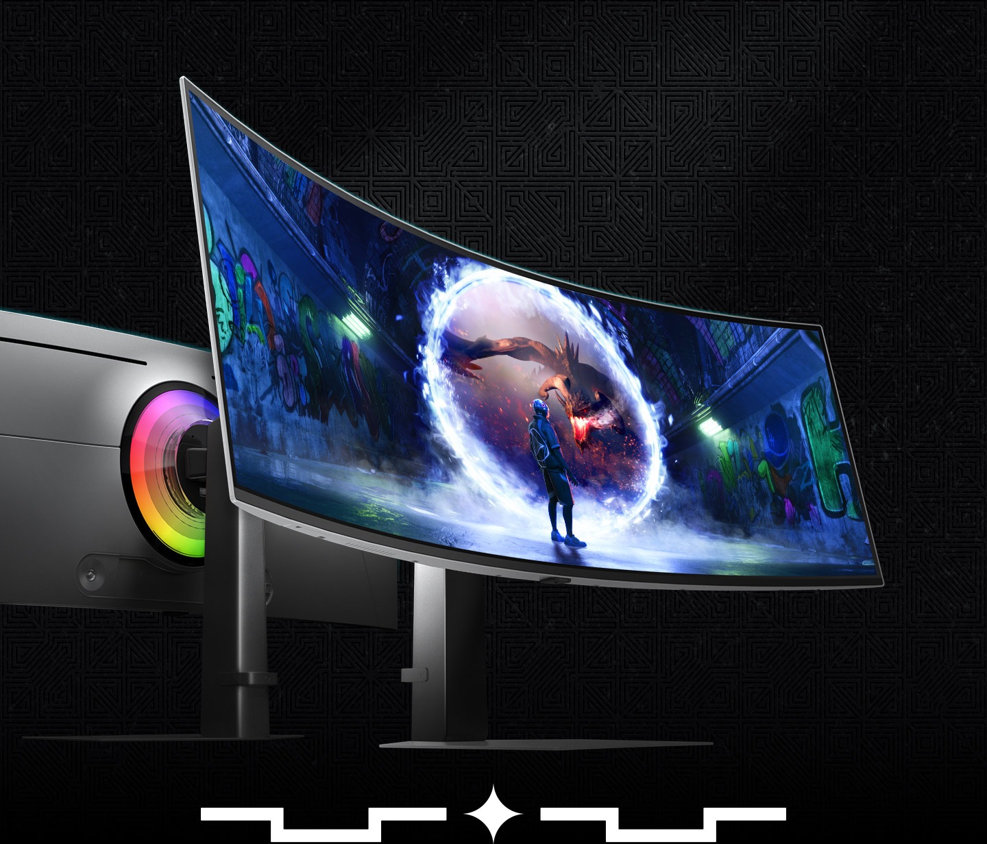 There are two Odyssey OLED G9 monitors. One is showing the back side of the product to show its core lighting+.