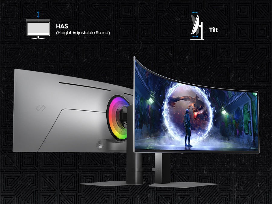 A front and back view of the Odyssey monitors are shown. On top of the monitors, there are two icons about HAS(Height Adjustable Stand) and Tilt.