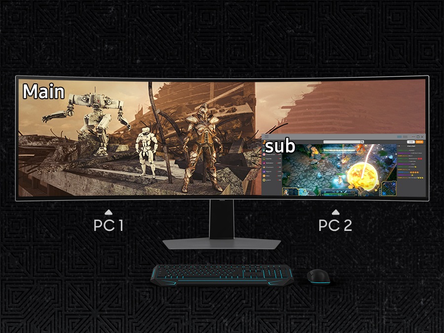 A monitor is split into two sections and a set of mouse and keyboard are in fron of it. A pop up window appears on the right side with 'Sub' in the left upper corner of the window showing a chat room, connected with PC 2. This is overlaid on top of a game being played which spans the length of both screen sides with 'Main' in the left upper corner, connected with PC 1.