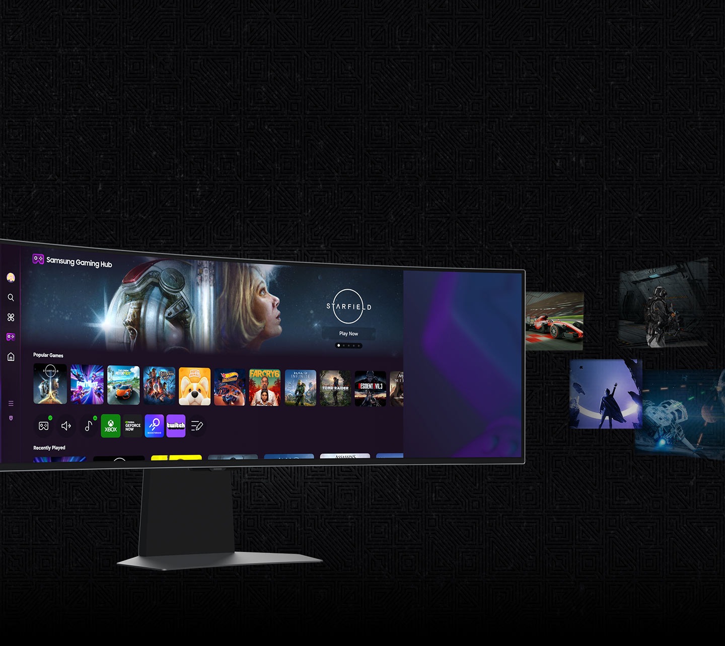 An Odyssey monitor with the Gaming Hub home screen display.