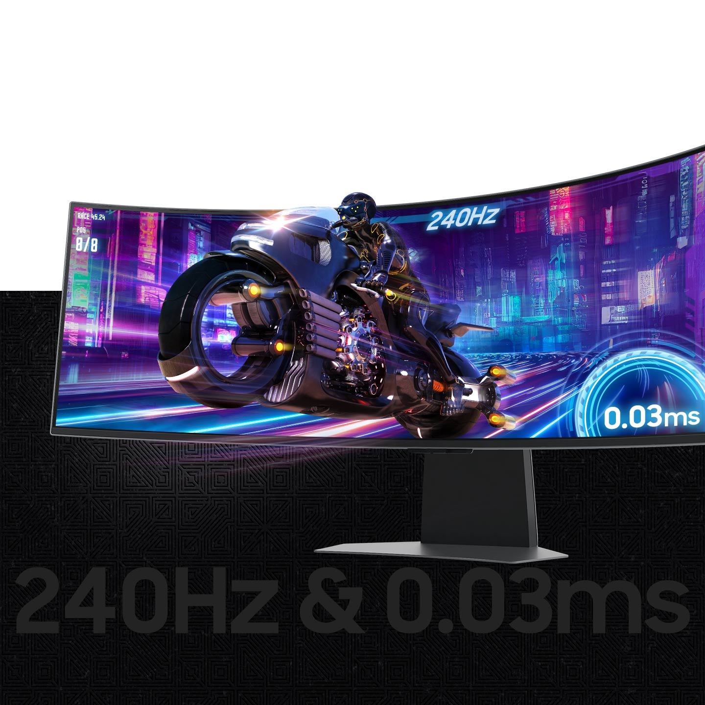 On the monitor screen, cars race out of a monitor, away from a futuristic city.