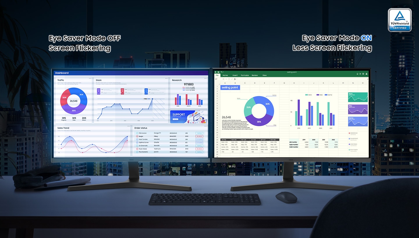 There are two monitors, and the left one flickers and emits blue light since the Eye Saver Mode is off. The right one is less flickering and does not emit blue light as its Eye Saver Mode is on. On the right upper corner, there is a certification mark from TUV saying TUVRheinland certified.