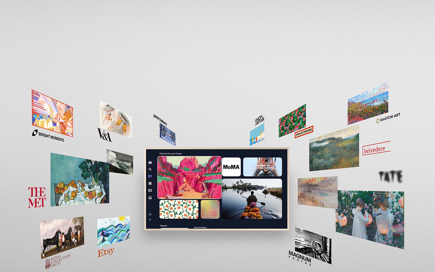 The Frame displays artwork available on Art Store. Around it other artwork from famous museums and galleries appear to move toward and be sucked into the TV. Logos of Bright Moments, V&A, The Met, Etsy, print bakery, Magnum Photos, Royal Collection Trust, MoMA, Union Art Fair, Toiletpaper, Saatchi Art, belvedere, Tate.