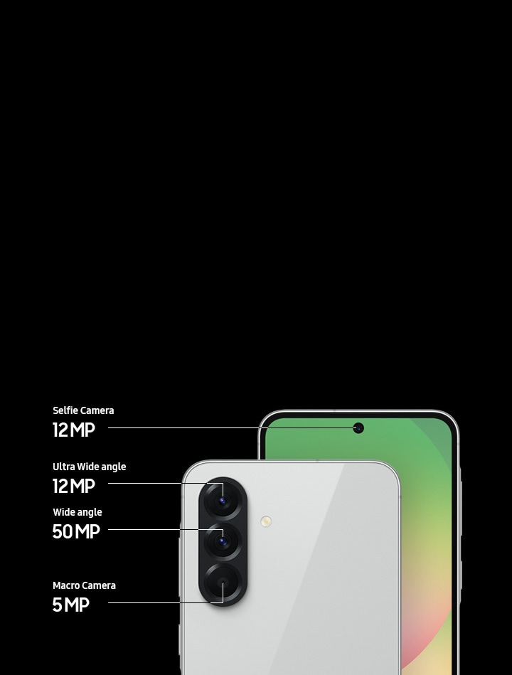 جهازا Galaxy A56 5G. يظهر الجهاز الأمامي في الصورة الخلفية، موضوعًا فوق الآخر قليلًا. تُظهر الكاميرات الثلاث عن قرب، مع نص متطابق: زاوية عريضة جدًا بدقة 12 ميجابكسل، زاوية عريضة بدقة 50 ميجابكسل، وكاميرا ماكرو بدقة 5 ميجابكسل. يظهر الجهاز الخلفي في الصورة الأمامية، مع نص متطابق: كاميرا سيلفي بدقة 12 ميجابكسل.