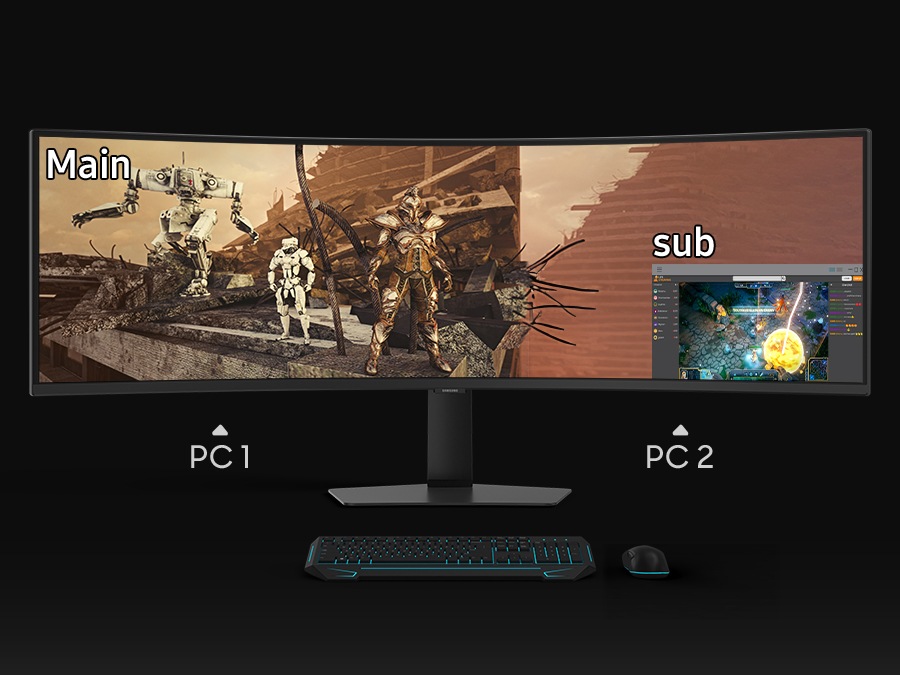 Main screen in PC 1 shows three characters looking at landscape and subscreen located in PC 2 shows a live game in play. 