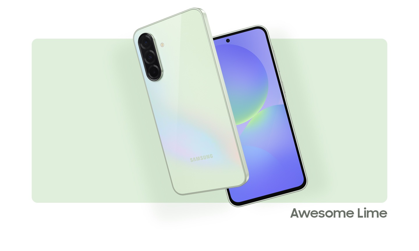 Two Galaxy A36 5G devices in Awesome Lime. One showing the front view with an abstract graphic onscreen. The other, showing the camera layout and rear view in Awesome Lime.
