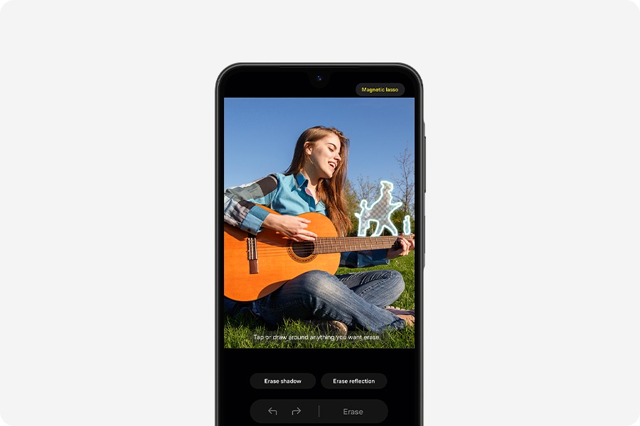 Galaxy A26 5G with Object Eraser feature onscreen. The object in the background is selected and will be erased.