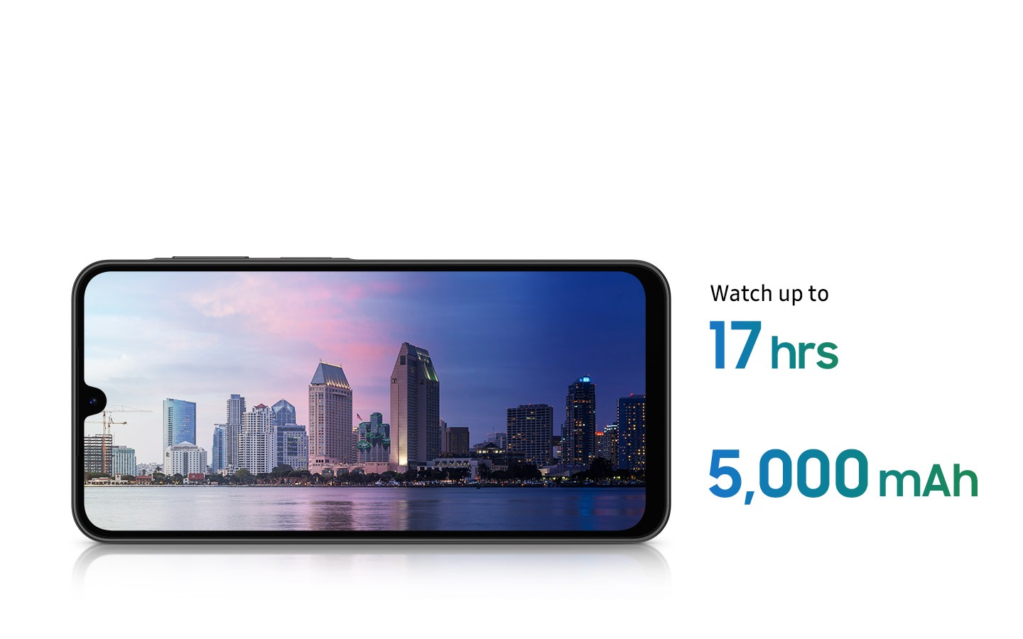 A Galaxy A26 5G device displaying a cityscape by the river, with the left half in daytime and the right half at night. Nearby are the texts Watch up to 17 hrs and 5,000 mAh.