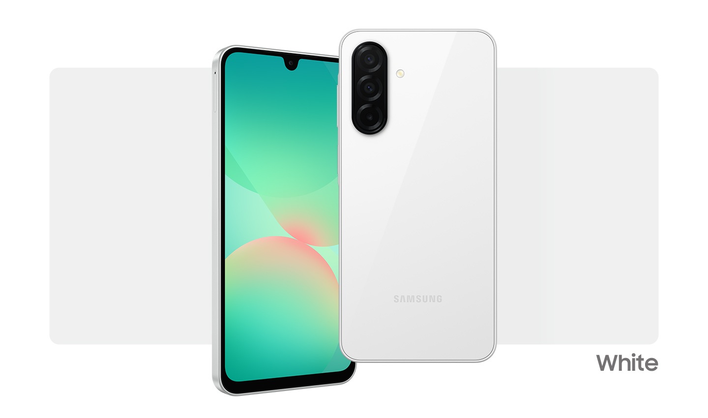 Two Galaxy A26 5G devices in White. One showing the front view with an abstract graphic onscreen. The other, showing the camera layout and rear view in White.