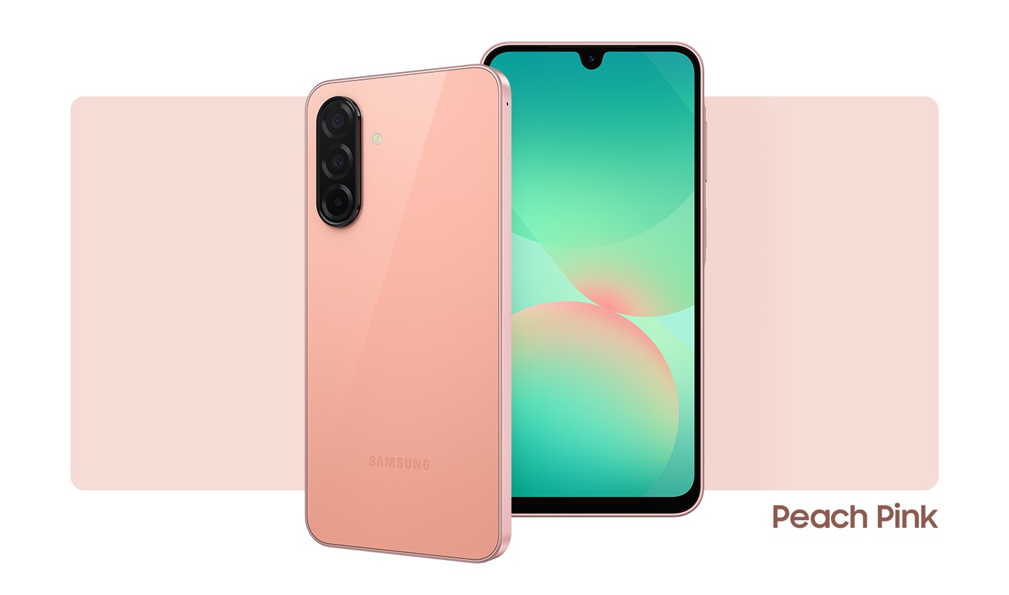 Two Galaxy A26 5G devices in Peach Pink. One showing the front view with an abstract graphic onscreen. The other, showing the camera layout and rear view in Peach Pink.