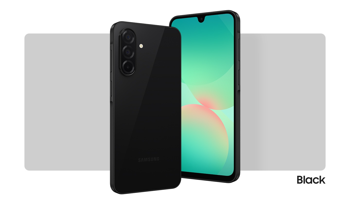 Two Galaxy A26 5G devices in Black. One showing the front view with an abstract graphic onscreen. The other, showing the camera layout and rear view in Black.