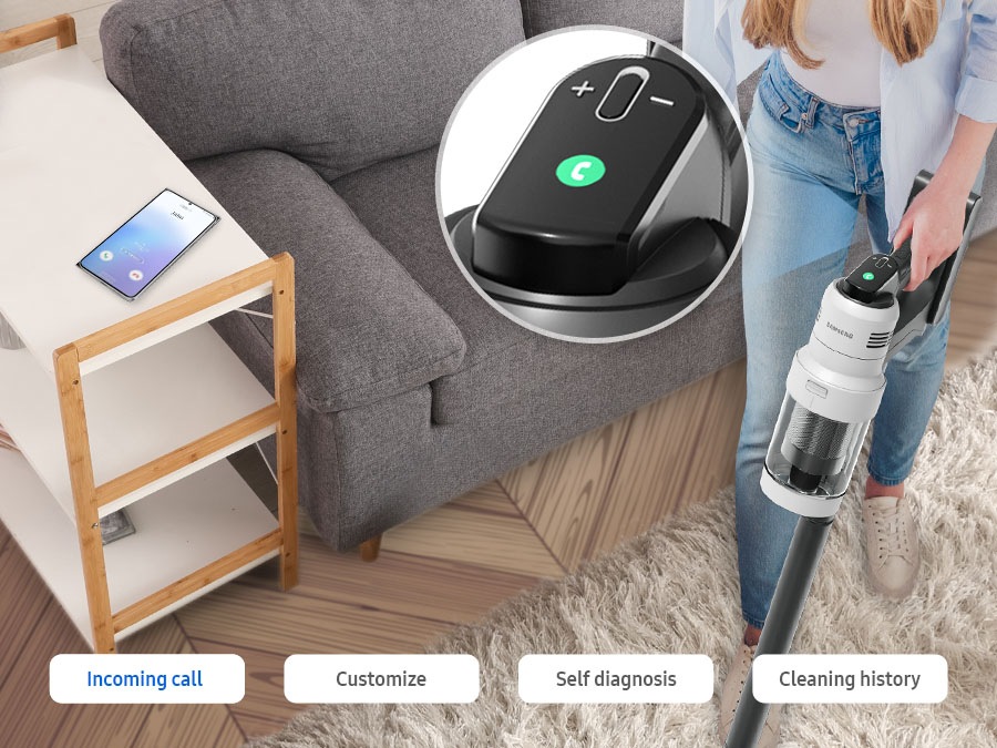 وظائف Wi-Fi الذكية (مكالمة واردة، تخصيص، تشخيص ذاتي، سجل التنظيف) لـ Samsung Bespoke jet AI Ultra معروضة بالترتيب.