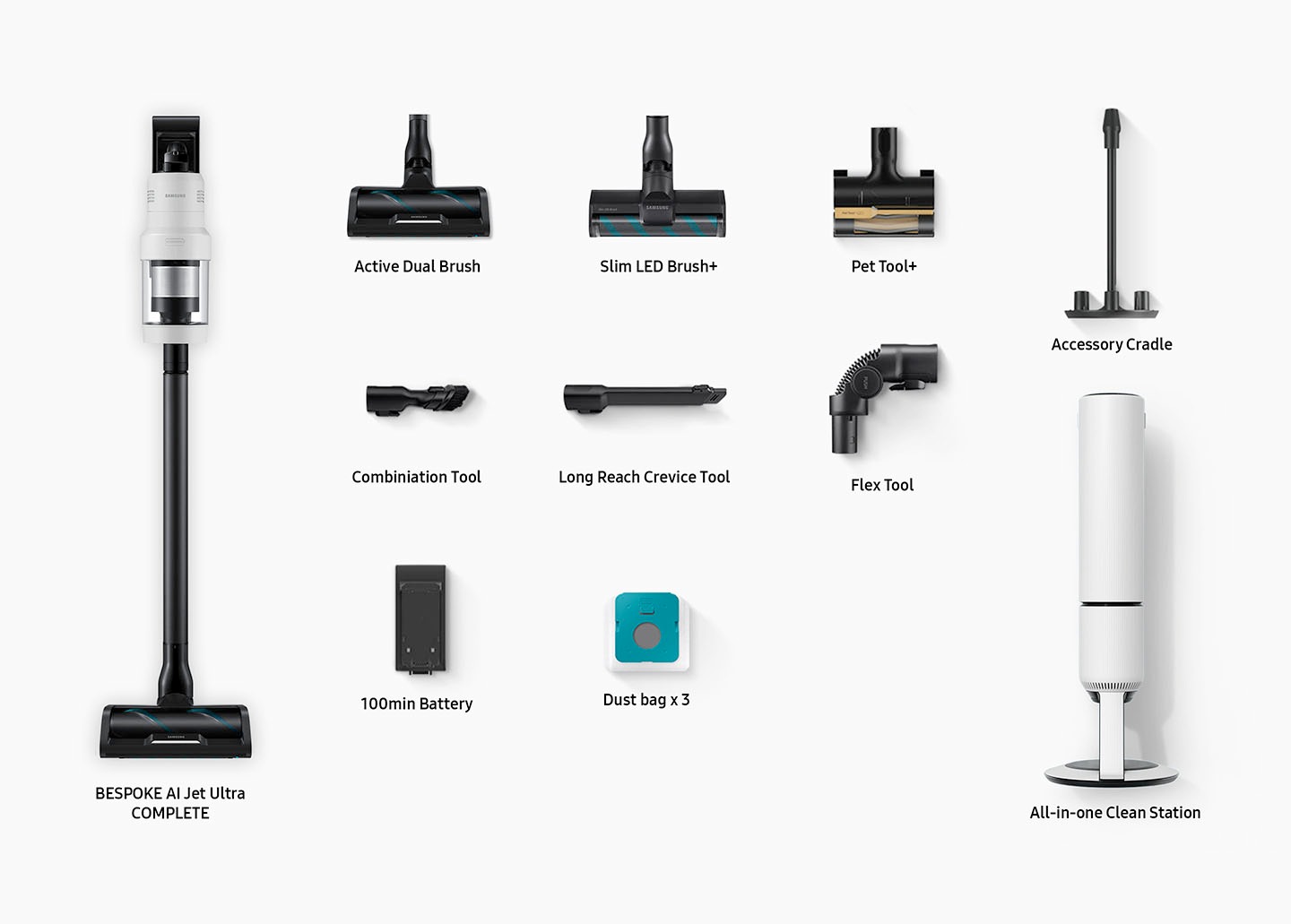 المكونات التي تأتي في الصندوق تشمل Bespoke Jet AI Ultra COMPLETE، فرشاة Active Dual Brush، فرشاة Slim LED Brush+، أداة Pet Tool+، أداة الجمع، أداة الشقوق طويلة الوصول، أداة Flex، بطارية 100 دقيقة، كيس غبار × 3، حامل الملحقات، محطة التنظيف الشاملة.
