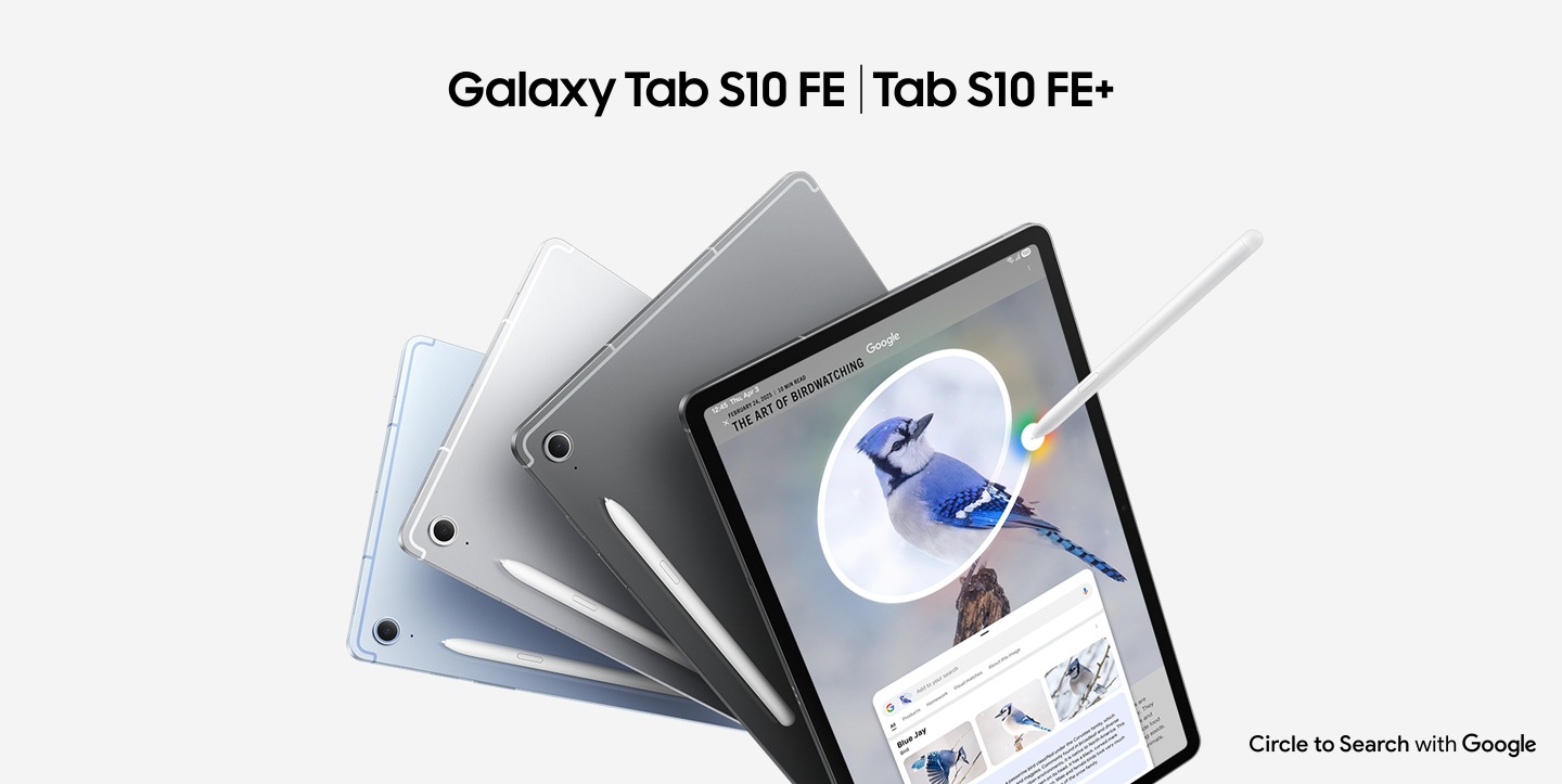 Text reads 'Galaxy Tab S10 FE' and 'Tab S10 FE+'. Four Galaxy Tab S10 FE+ devices are displayed, three shown from the back and one with its screen facing forward. Circle to Search with Google being used on the screen with S Pen on an image of a Blue Jay. Google search results show details about the image. Circle to search with Google logo shown.
