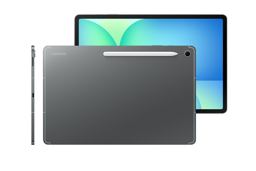 Galaxy Tab S10 FE+ in Gray shown from the front with a blue-green wallpaper onscreen, from the back with S Pen attached on the back and from the side to highlight the slim design.