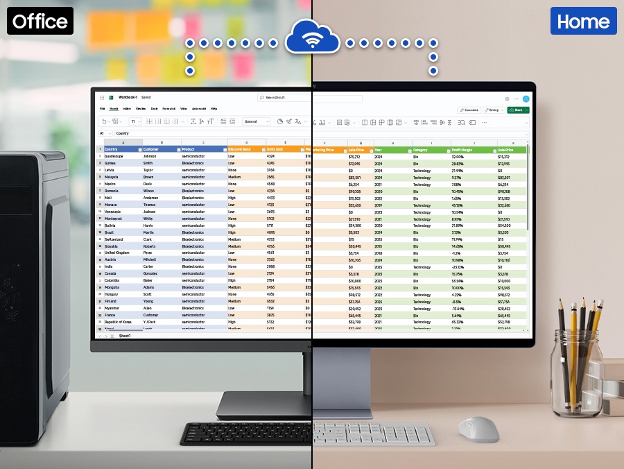 Monitor in an office workspace displays an Excel file containing a lot of data. This monitor is connected to another monitor at home via Wi-Fi, and both monitors show the same Excel file.