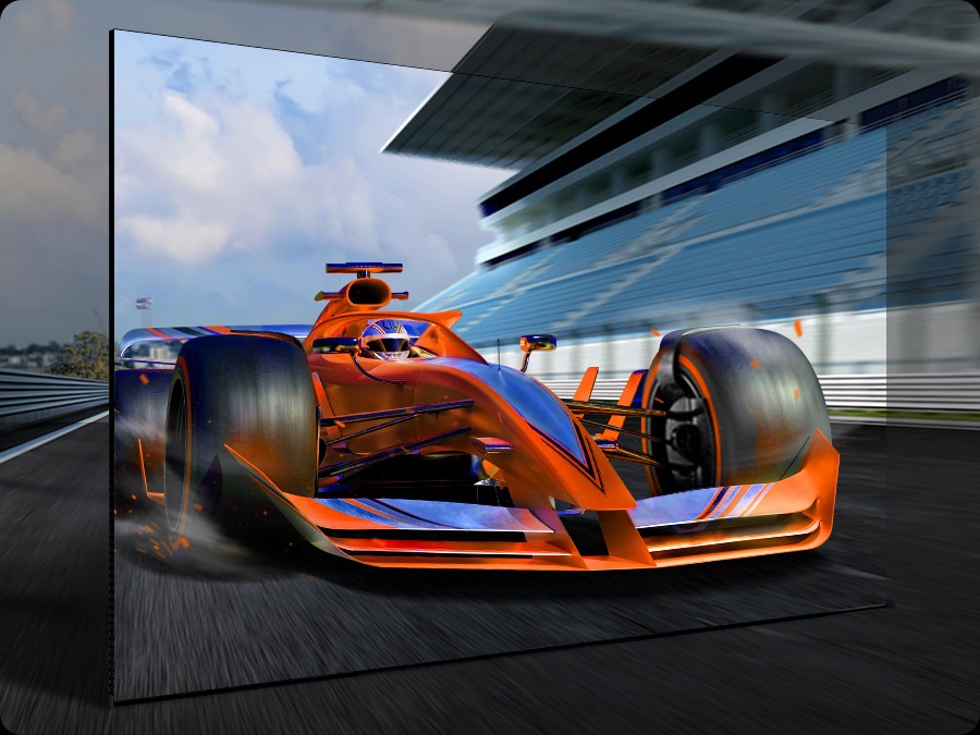 A racecar speeds forward, with Motion Xcelerator technology clearing up the part of the screen it's on.