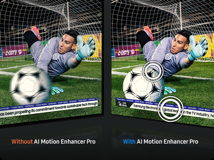 A goalie catches a soccer ball. Without AI Motion Enhancer Pro, the  ball and text is blurry. With AI Motion Enhancer Pro, they're clear