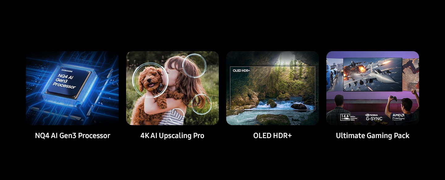 Key features at a glance are Samsung NQ4 AI Gen3 Processor, 4K AI Upscaling Pro, OLED HDR+ and Motion Xcelerator 144Hz.
