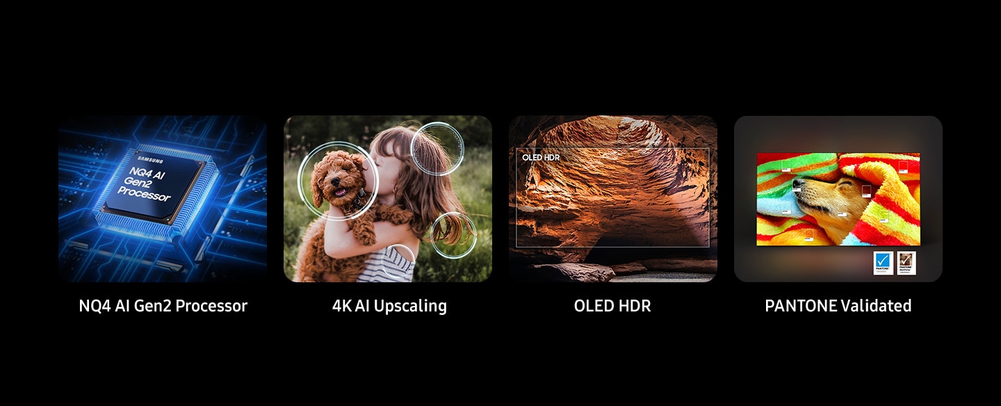 Key features are shown as Samsung NQ4 AI Gen2 Processor, 4K AI Upscaling, OLED HDR and PANTONE Validated.