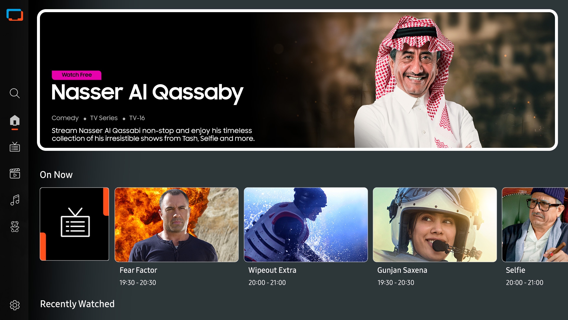 TV in a living room shows Samsung TV Plus home screen and the diverse TV channels available with it.