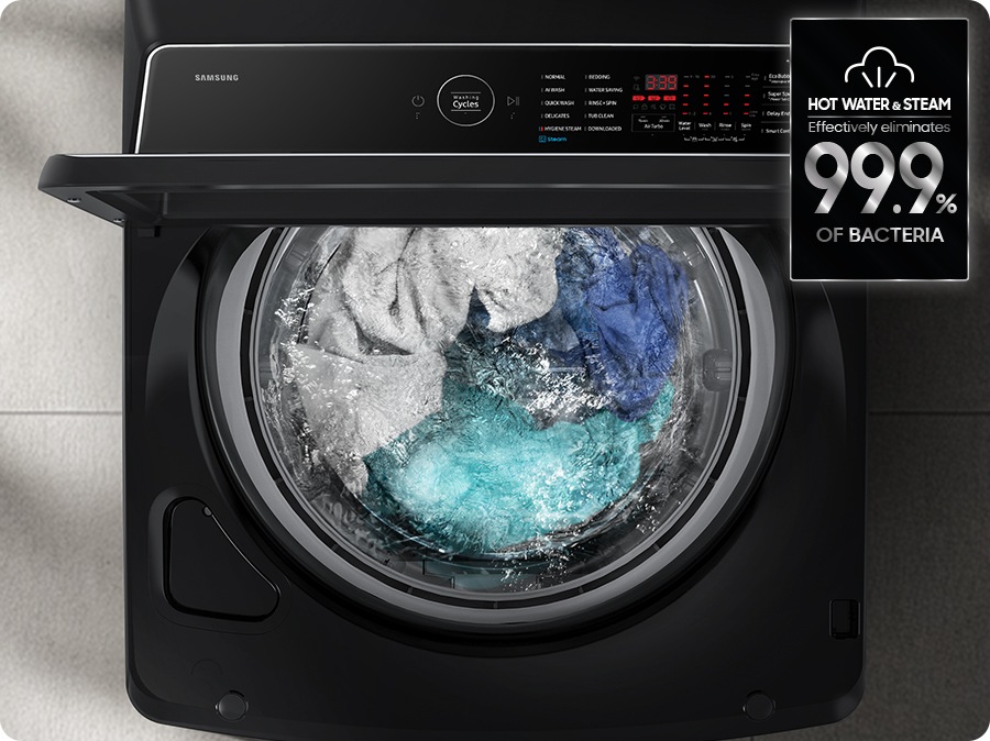 The steam is dispersed inside the washing machine drum to remove allergens and bacteria. The hot water and steam effectively eliminate 99.9% of bacteria.