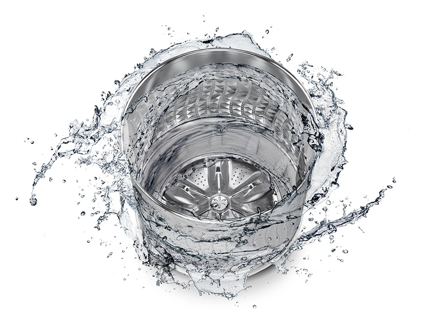 The washer drum is surrounded by clean water and water jets are cleaning the inside.