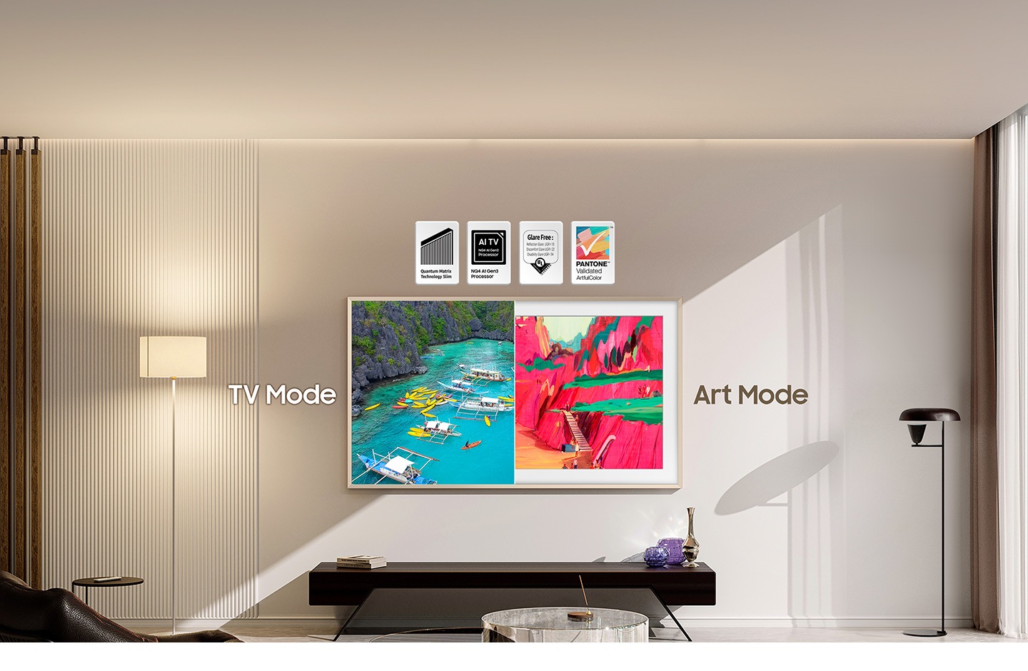 TV with TV Mode and Art Mode. Quantum Matrix Technology Slim, AI TV NQ4 AI Gen3 Processor, Glare Free: Reflection UGR<10 Discomfort <22 Disability <34 UL, PANTONE Validated ArtfulColor logos.