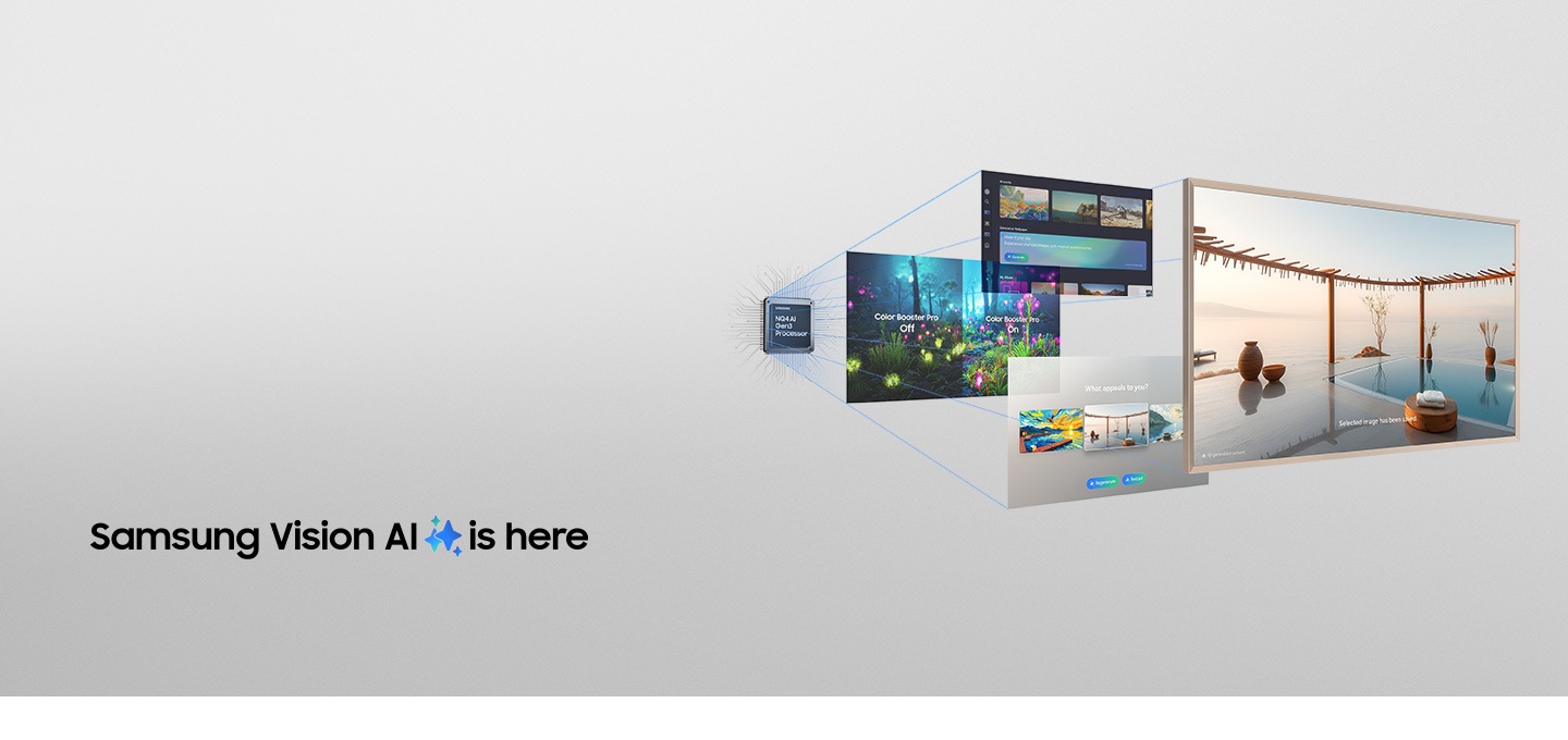 NQ4 AI Gen3 Processor powering various screens with features that make up The Frame TV. Samsung Vision AI is here logo.