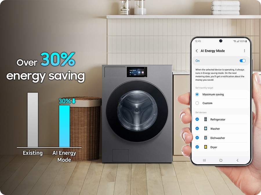 AI ​​Energy Mode is activated by checking the mode button to 'On' and selecting the device you want to run on Smartphone. It does energy saving over 30% in washing cycle more than existing.