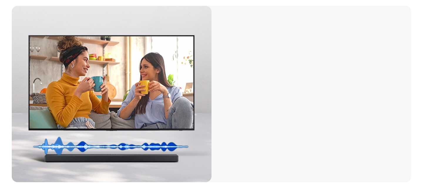 A TV cycles through different scenes, including a chat between two women, a sports game, a music-related scene and a cinematic shot of a spaceship taking off. With each scene, the soundbar installed underneath the TV plays a different level of volume, indicated by a fluctuating audio bar.