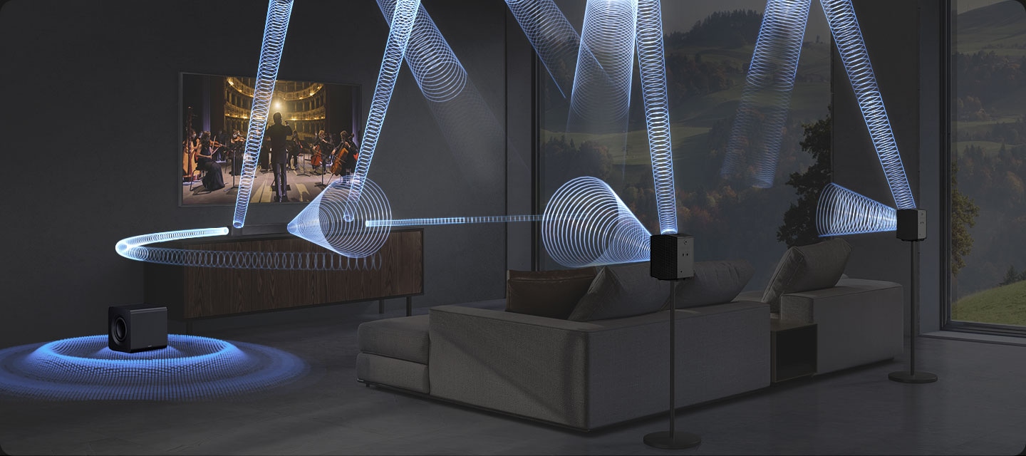 Living room setting with a TV and full Q990F setup. Sound waves emanate from various angles from the soundbar placed beneath the TV, the subwoofer on the floor next to the media cabinet, and the rear speakers on side tables behind the sofa, travelling in multiple directions to fill the room.