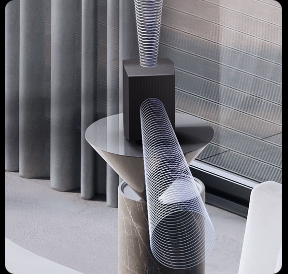 Sound waves shoot out from a rear speaker's front-and up-firing speakers in a living room setting.