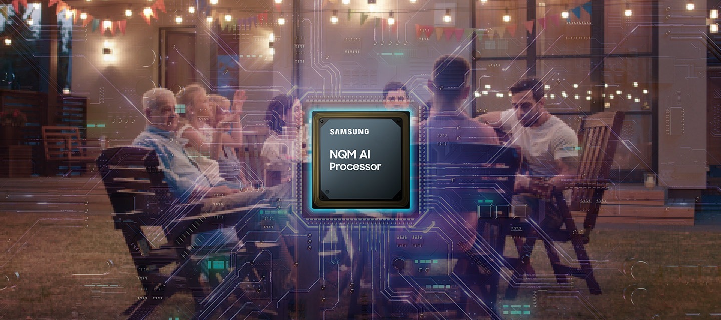 There is a video in low resolution. The NQM AI Processor appears and analyzes the contents. Then, the overall resolution is enhanced. Lastly, the scene is zoomed out showing the monitor with the video and its remote controller.