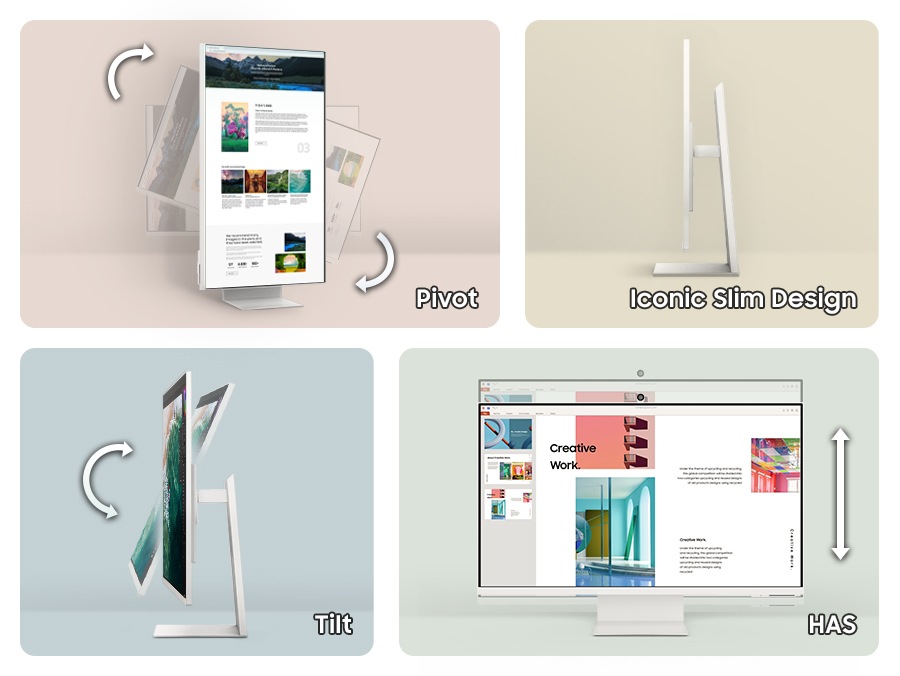 There are 4 monitors. The upper left monitor turns sideways with Pivot, and the upper right monitor emphasizes its Iconic Slim Design. The lower left moves back and forth with Tilt and the lower right shows how the height of the monitor is adjusted up and down through HAS.
