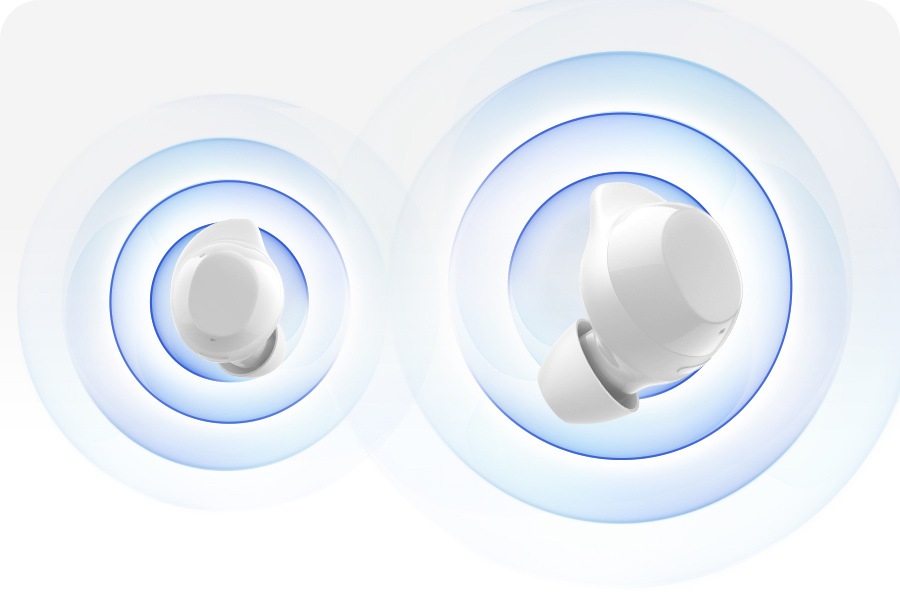 Galaxy Buds Core in white emit multiple rings representing sound.